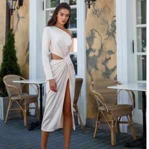 NWT,  ELAGIA White Satin One-Shoulder Cut-Out Midi Dress